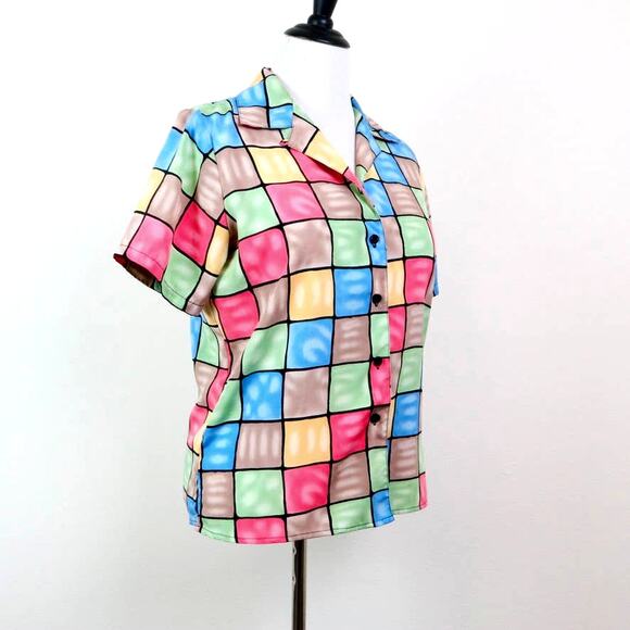 Vintage Checkered Size M 90's Button Up Shirt Bright Pastels Novelty - Picture 6 of 9